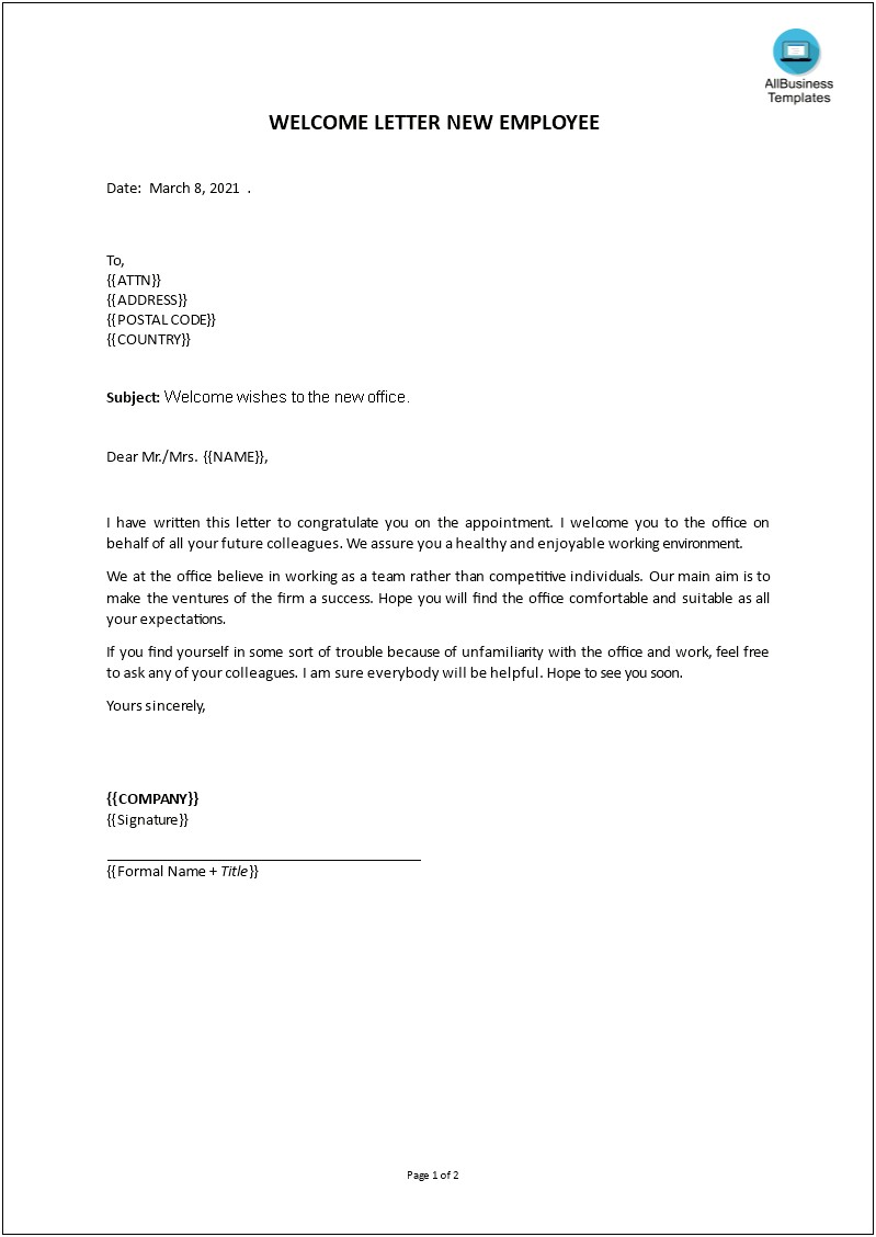 Template Welcome Letter To New Employee