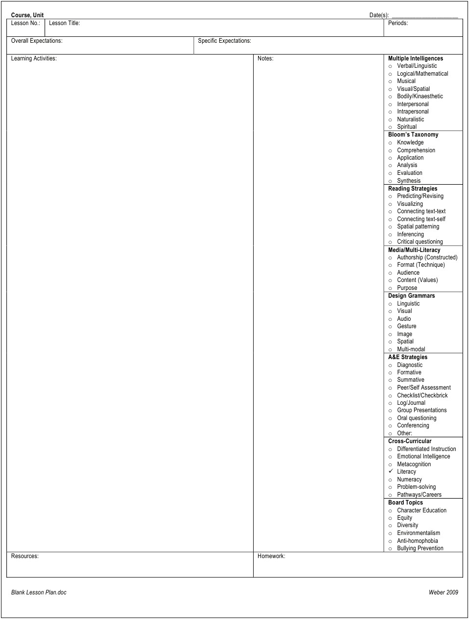 Templates For Lesson Plans For High School