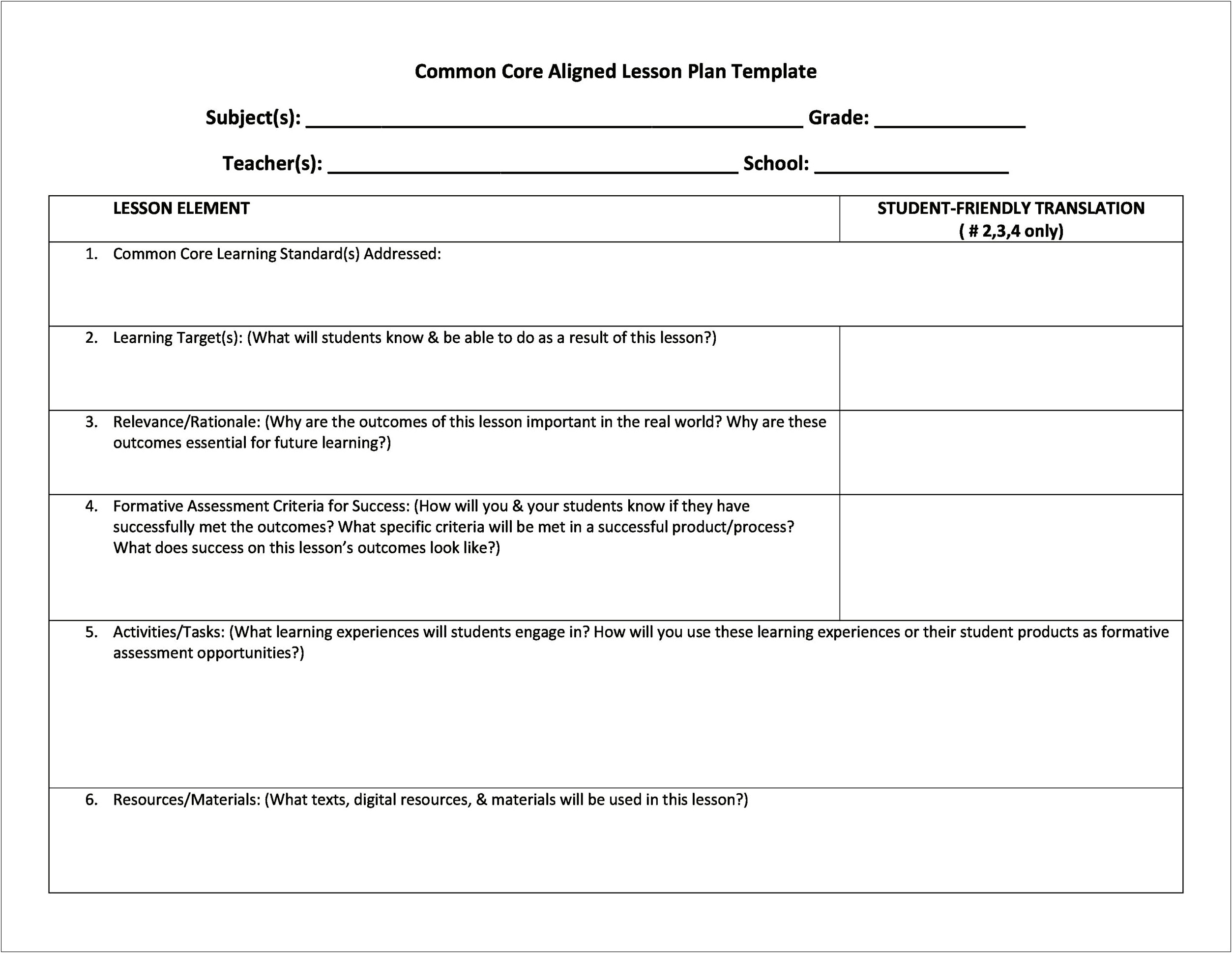 Templates For Lesson Plans K 5