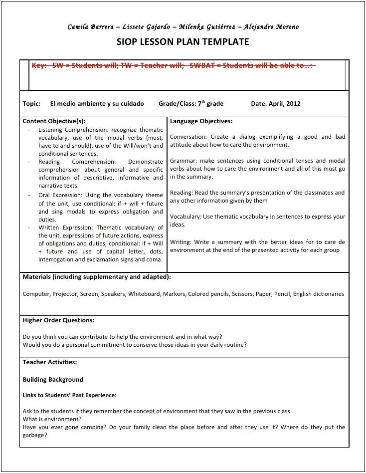 Templates To Help Plan Lesson Using Siop