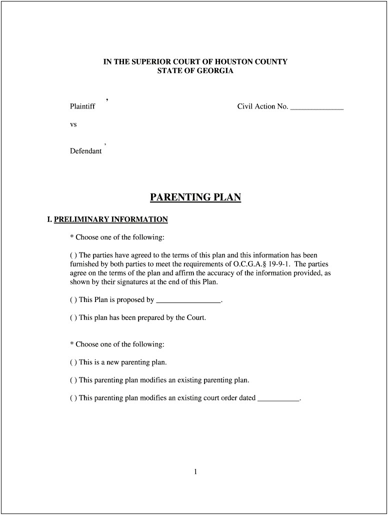 Temporary Parent Plan Template Eample North Dakota