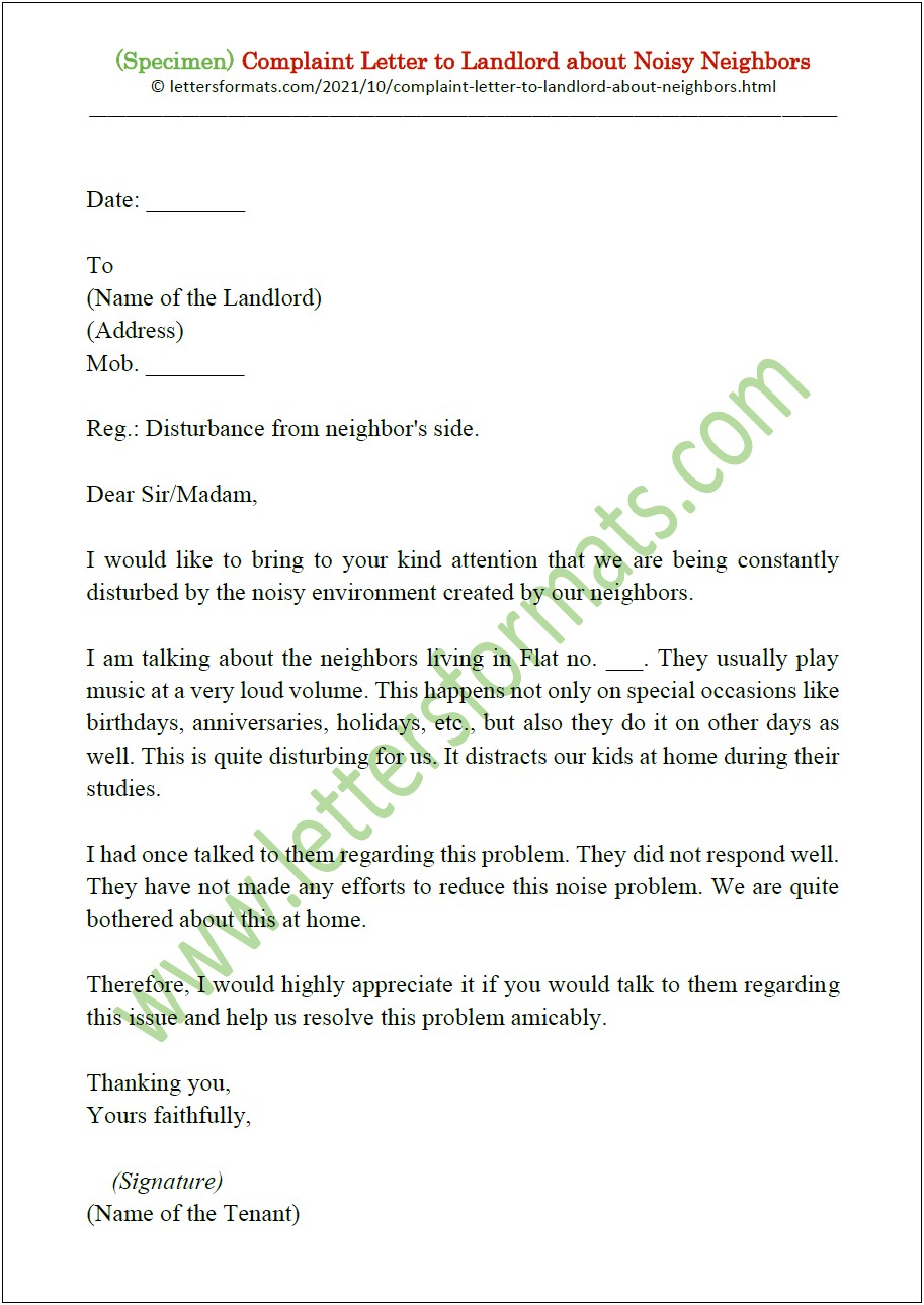 Tenant Complaint Letter To Landlord Template