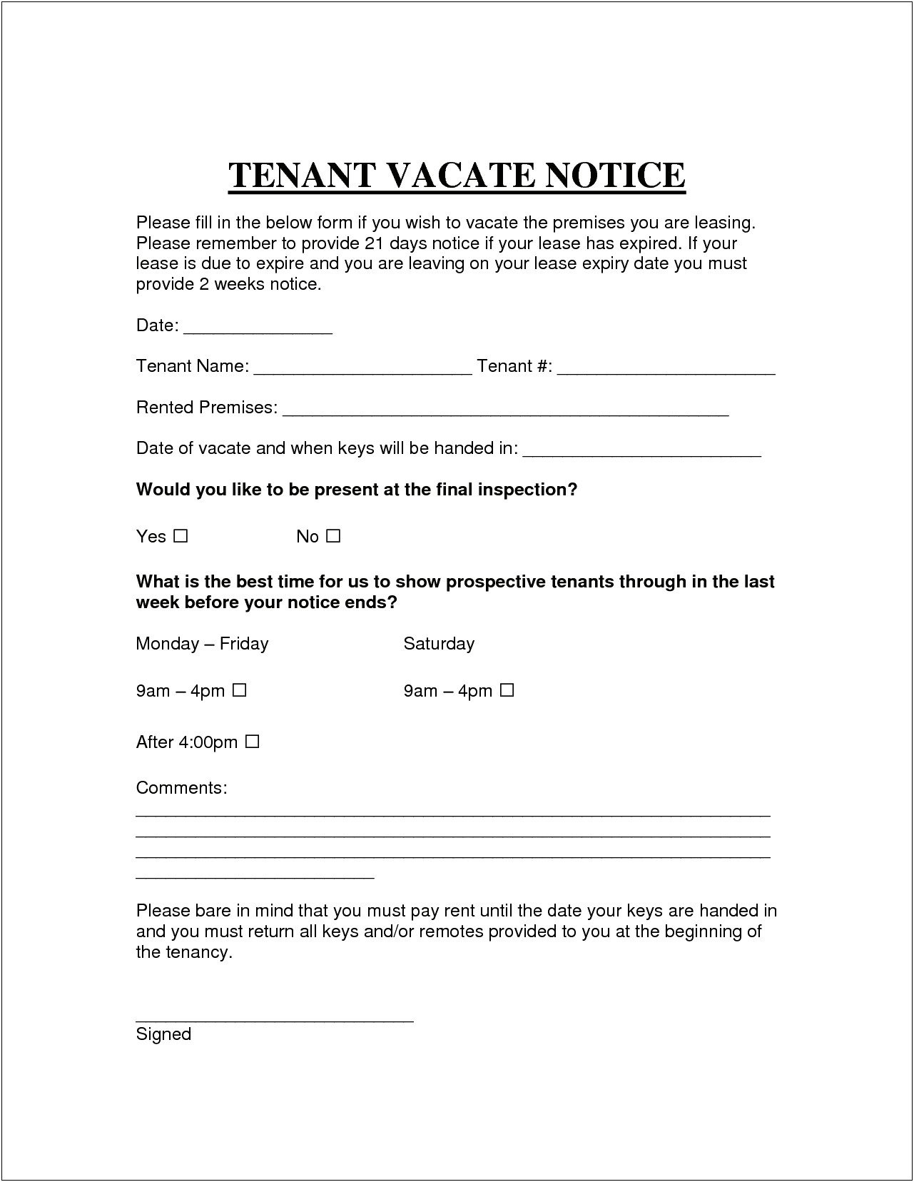 Tenants Notice To Vacate Letter Template