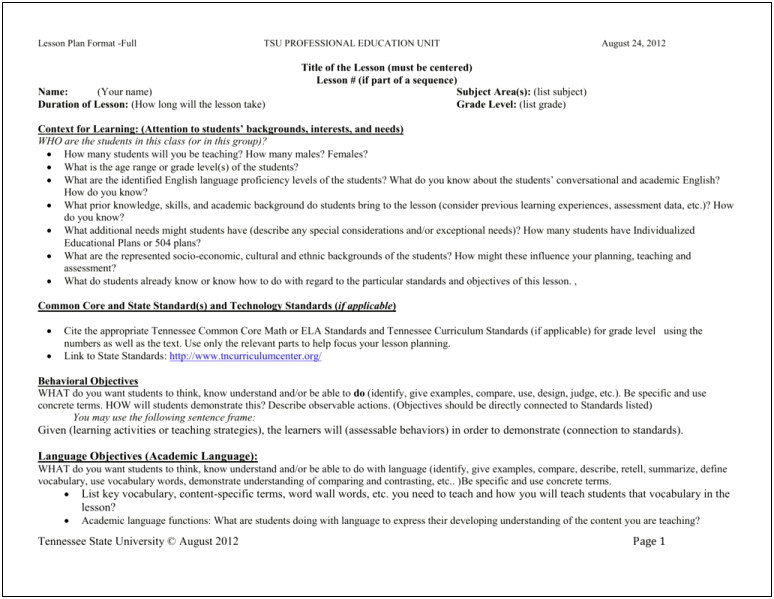 Tennessee Department Of Education Lesson Plan Template