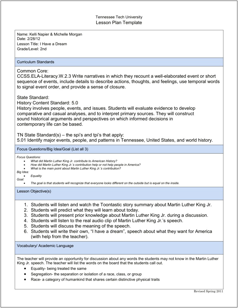 Tennessee Tech University Lesson Plan Template