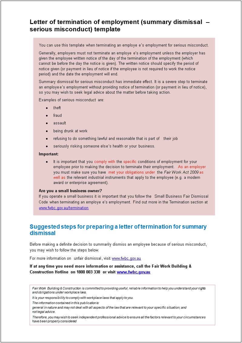 Termination Letter Due To Misconduct Template