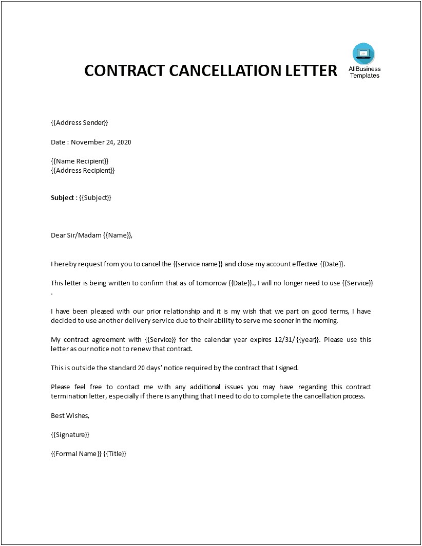 Termination Letter For Service Provider Template