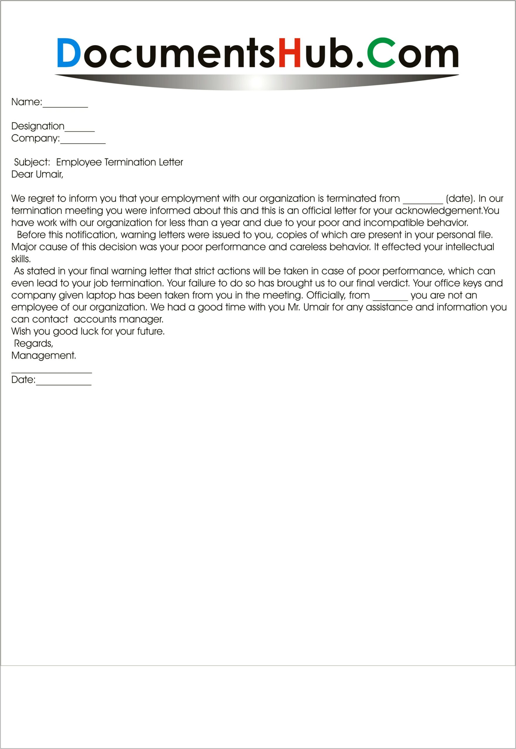 Termination Letter Sample Template To Employee