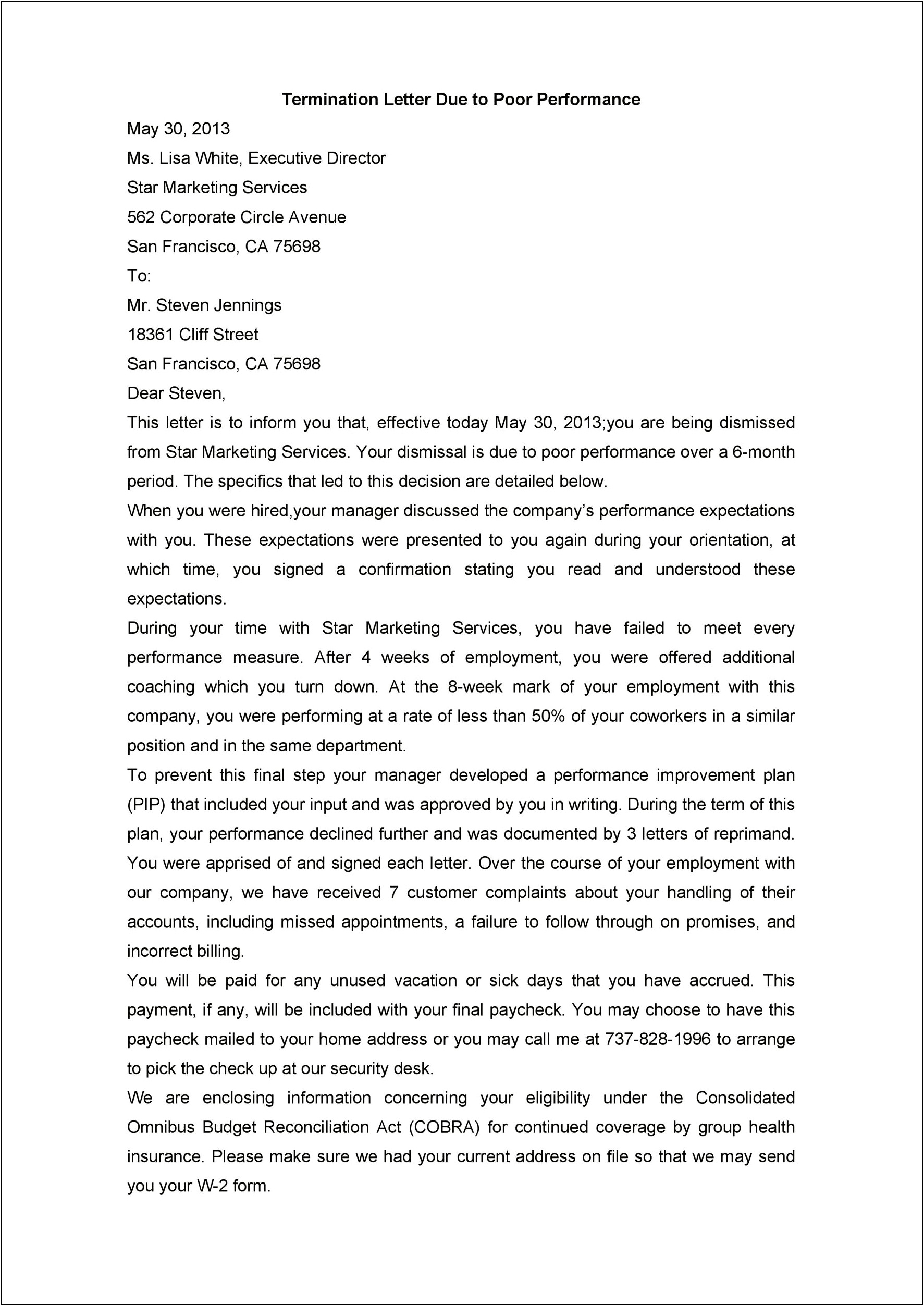 Termination Letter Template Due To Poor Performance