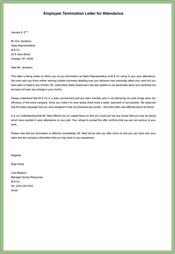 Termination Letter Template For Disatisfactory Work