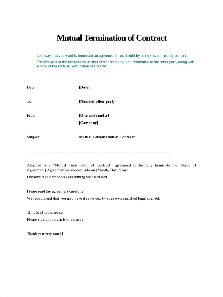 Termination Of Agreement Letter Template Free