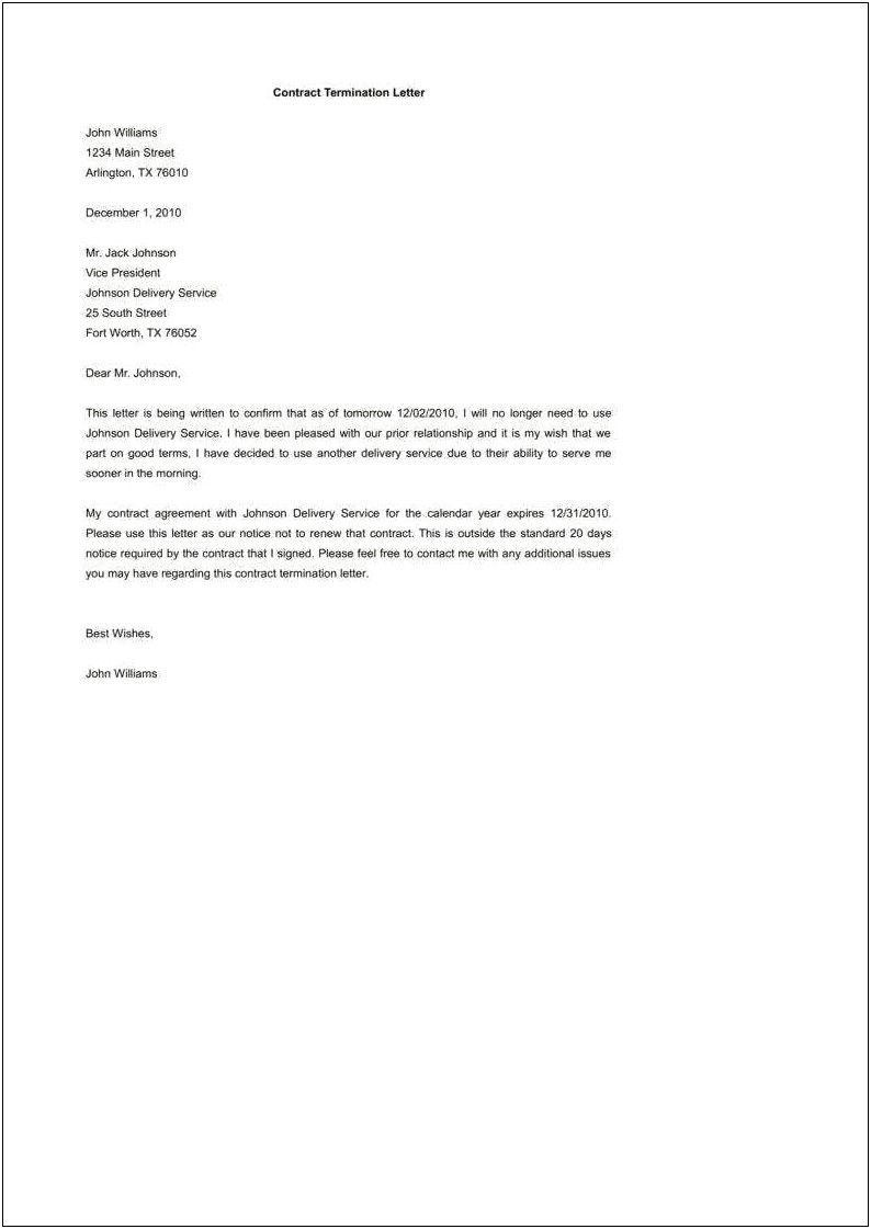 Termination Of Contract Letter Template Business