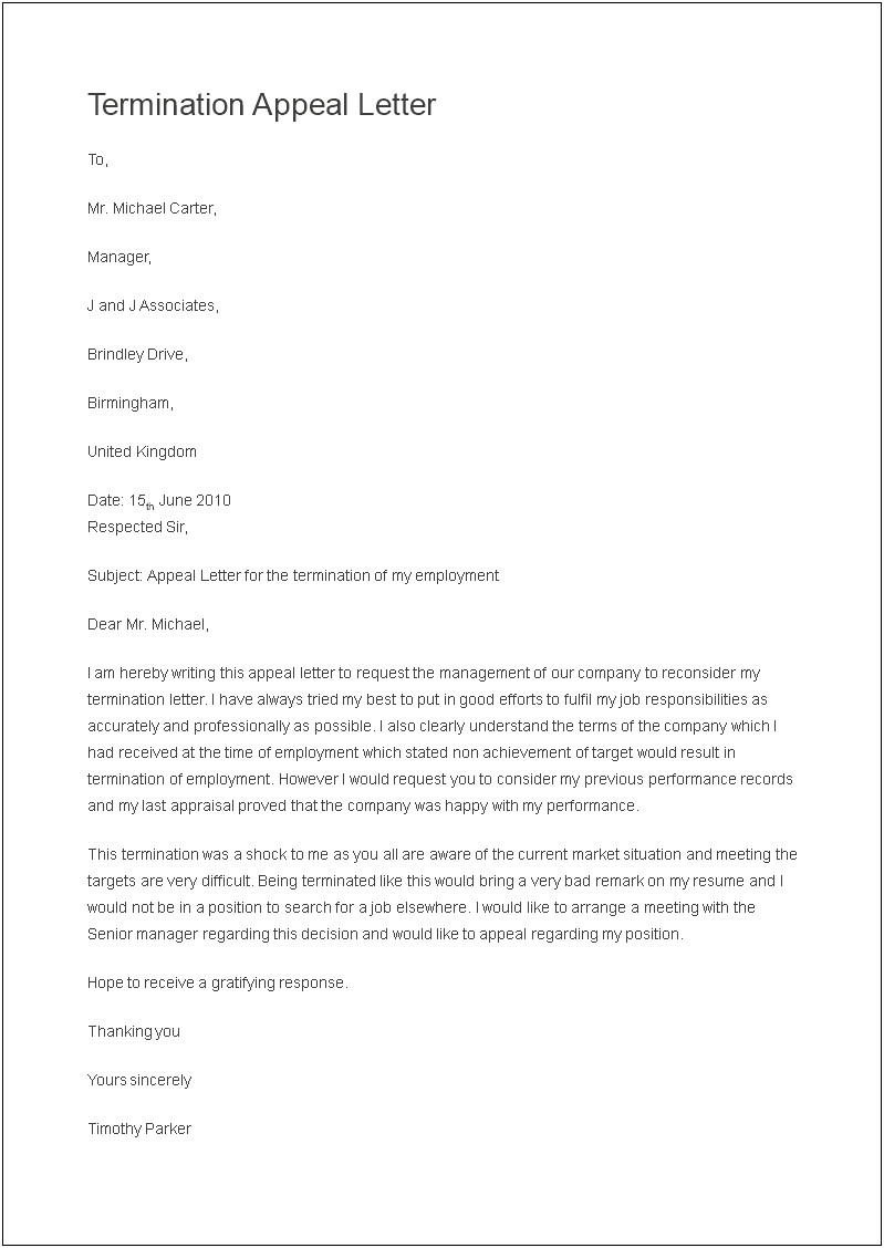 Termination Of Employment Appeal Letter Template