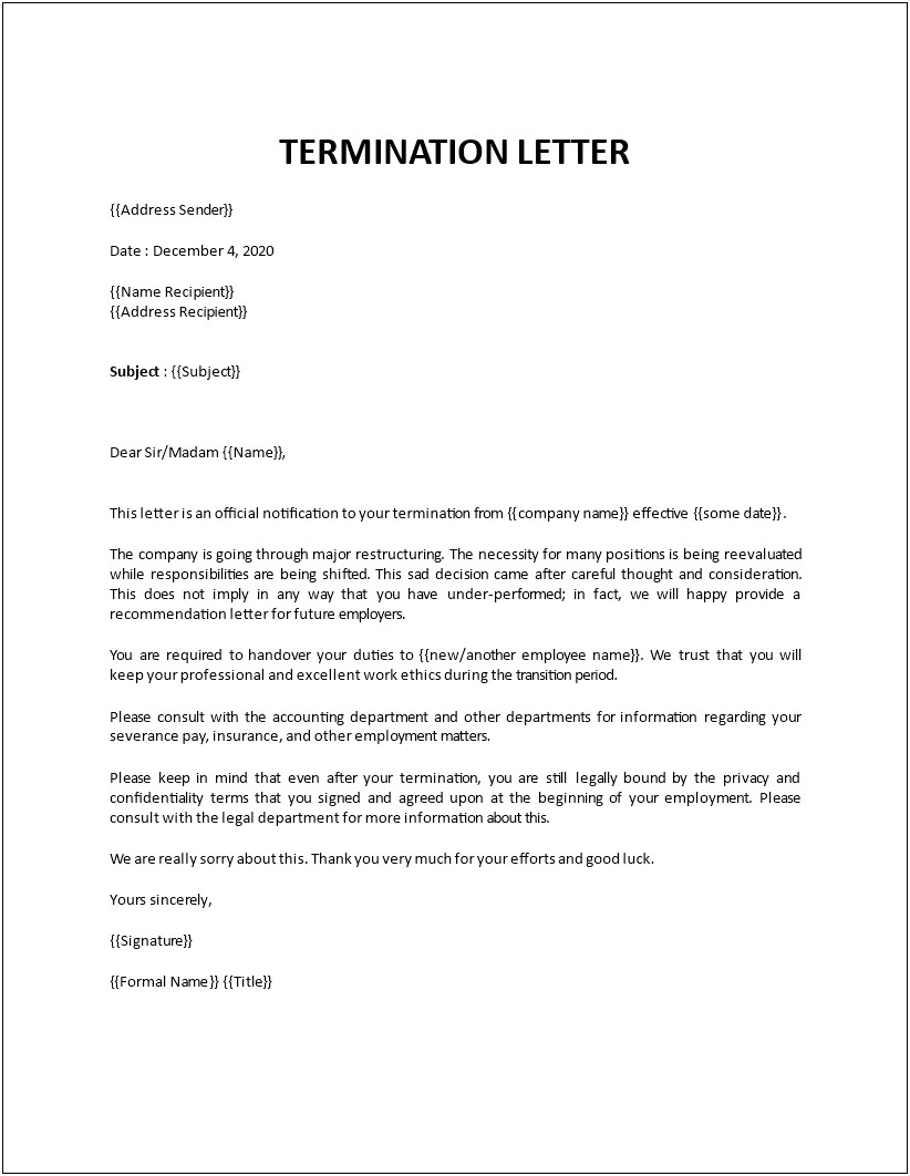 Termination Of Employment Letter By Employee Template