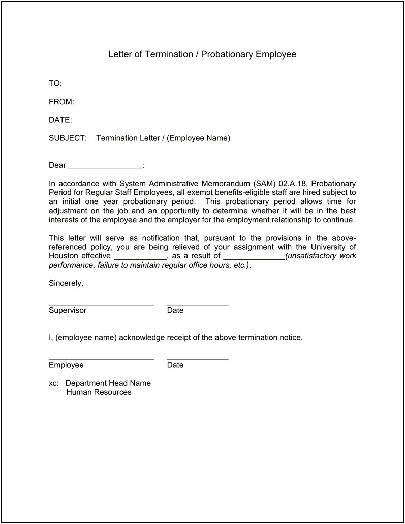 Termination Of Employment Letter Template Probationary Period