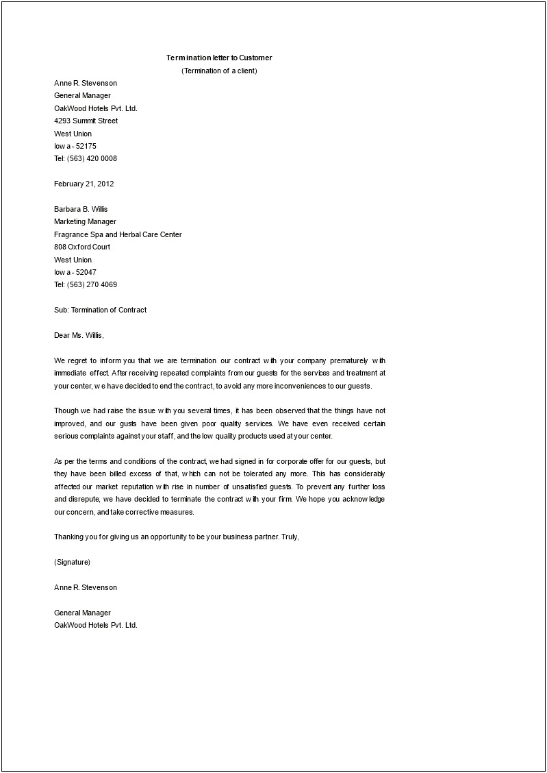 Termination Of Services Letter Template To Client