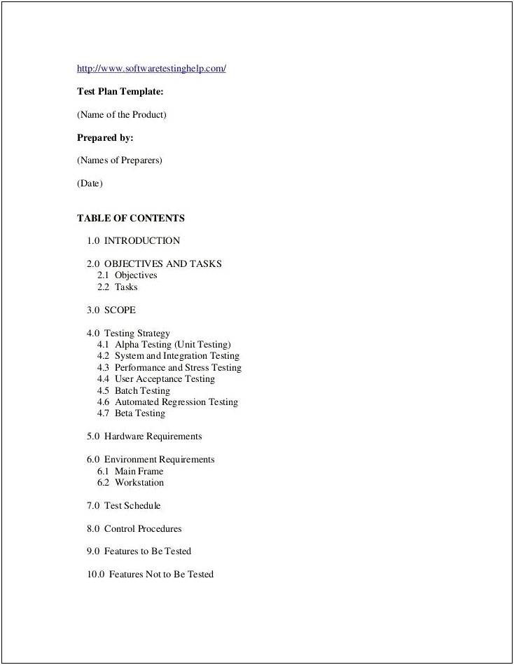 Test Plan Template With Example Pdf