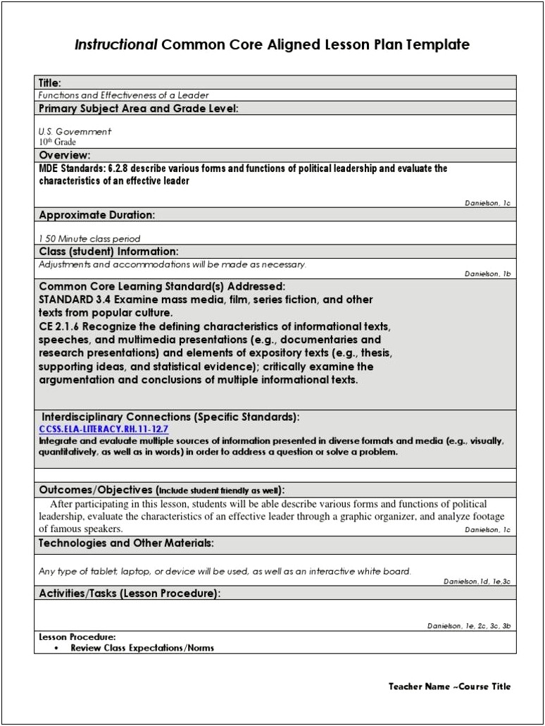 Texas State Danielson Lesson Plan Template