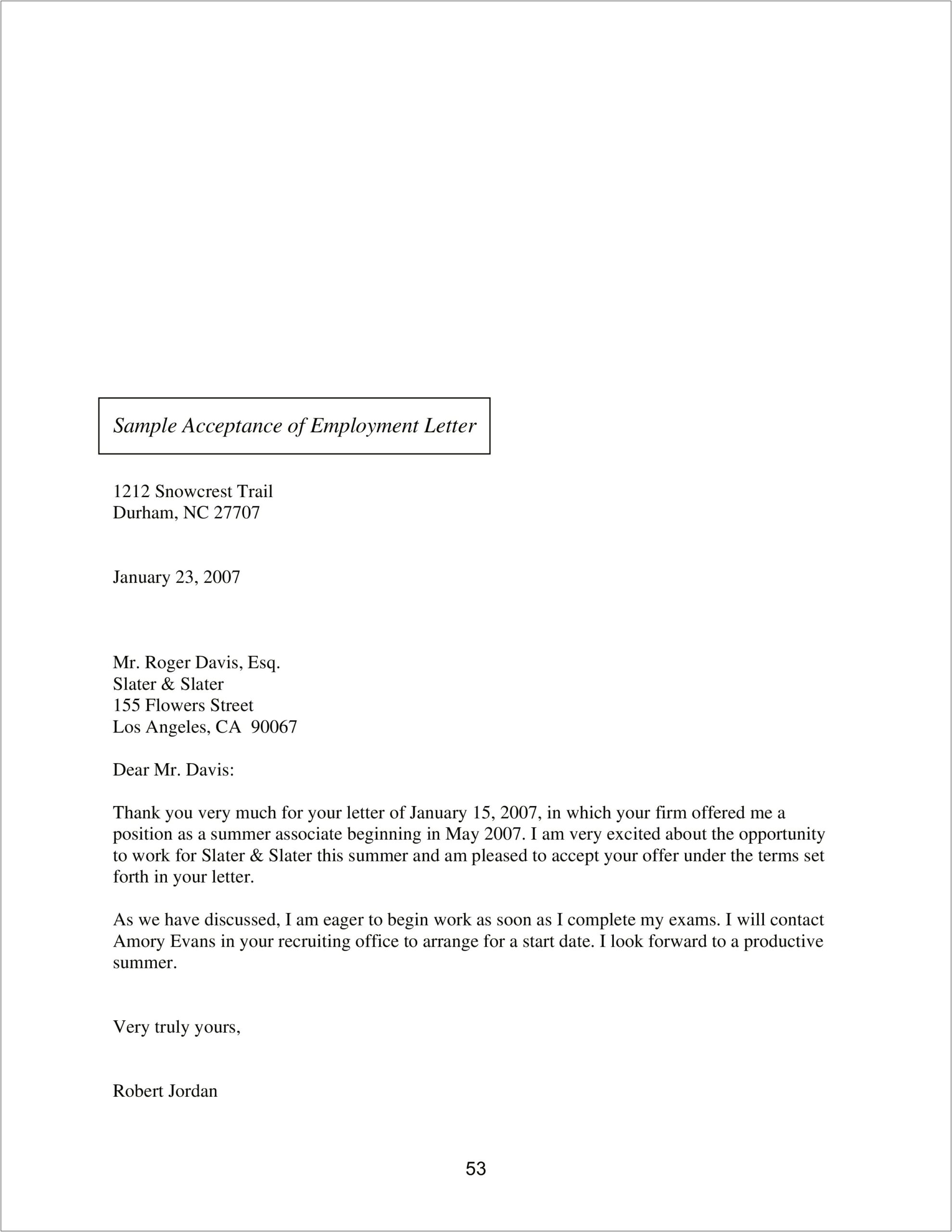 Thank You For Employment Letter Template