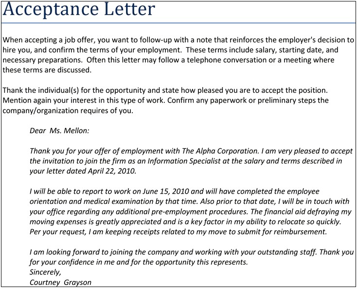 Thank You Job Acceptance Letter Template