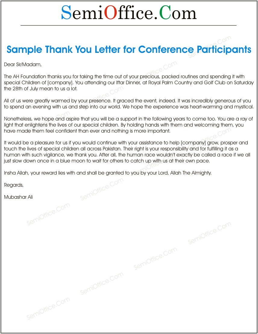 Thank You Letter After Conference Template