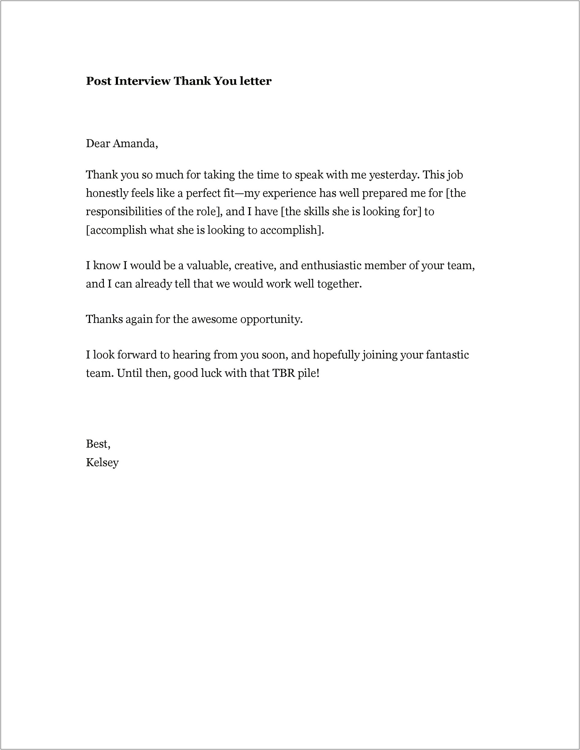 Thank You Letter After Job Interview Template
