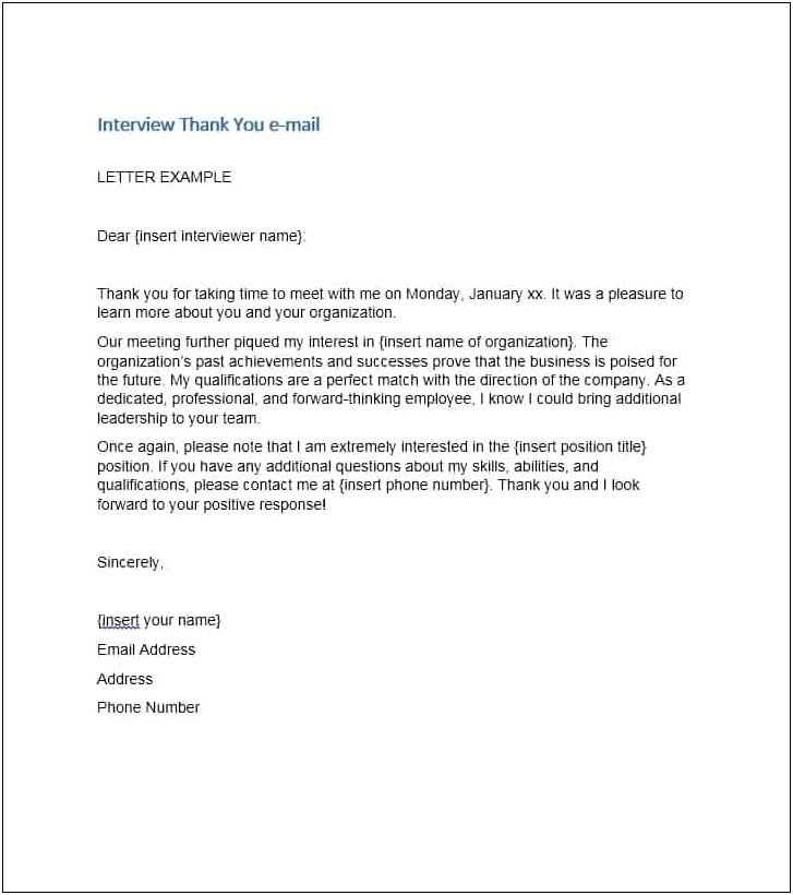 Thank You Letter Email After Interview Template