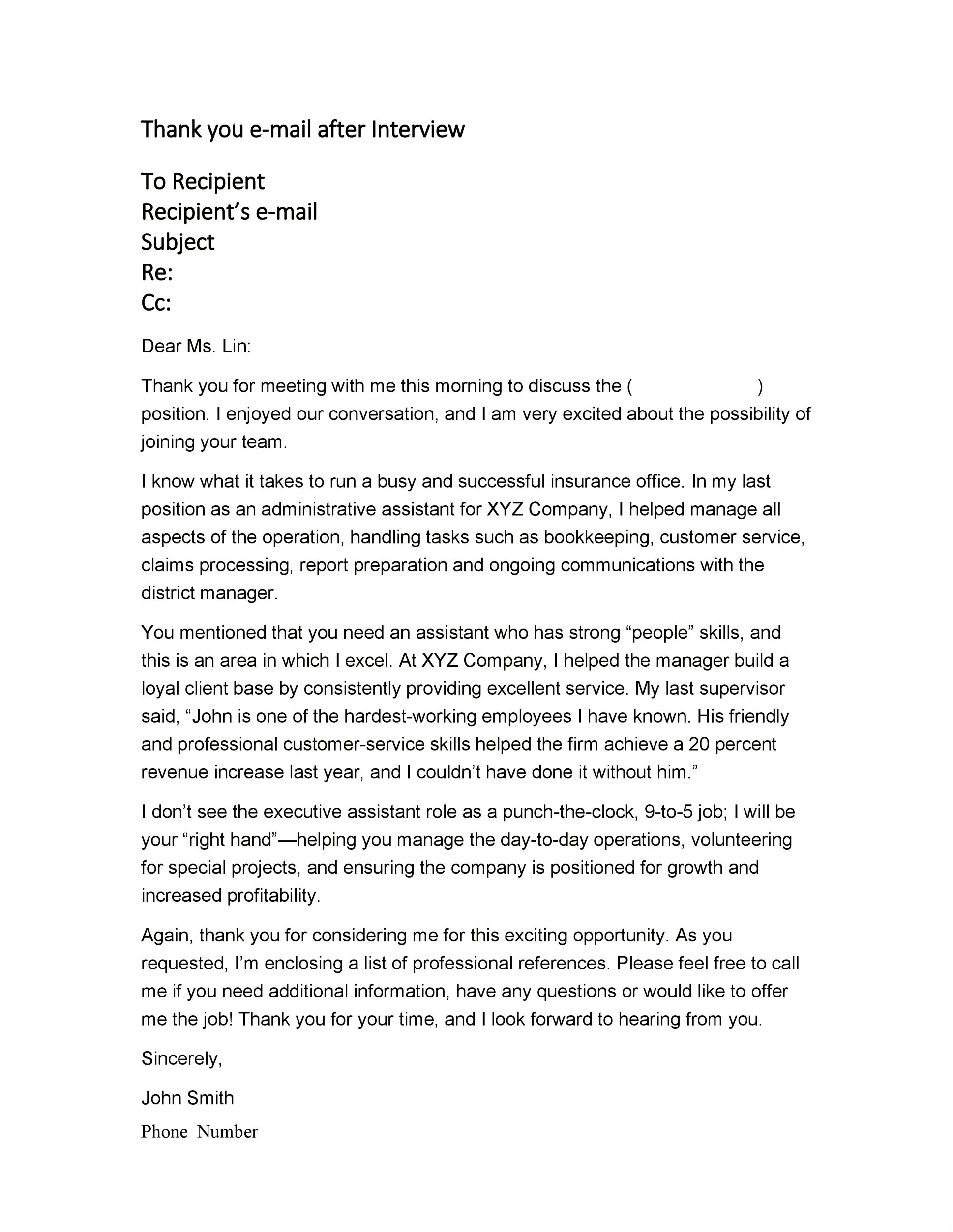 Thank You Letter For Interview Email Template