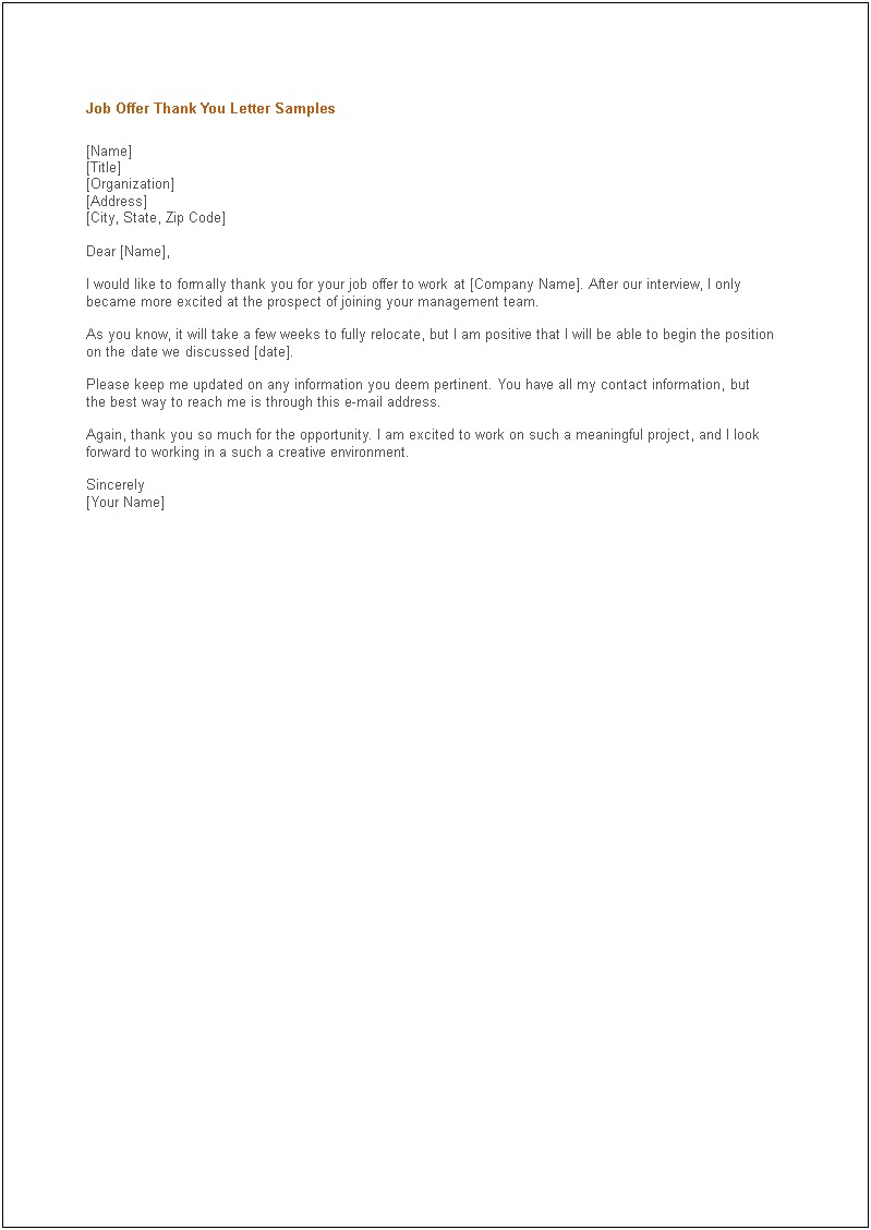 Thank You Letter For Job Offer Template