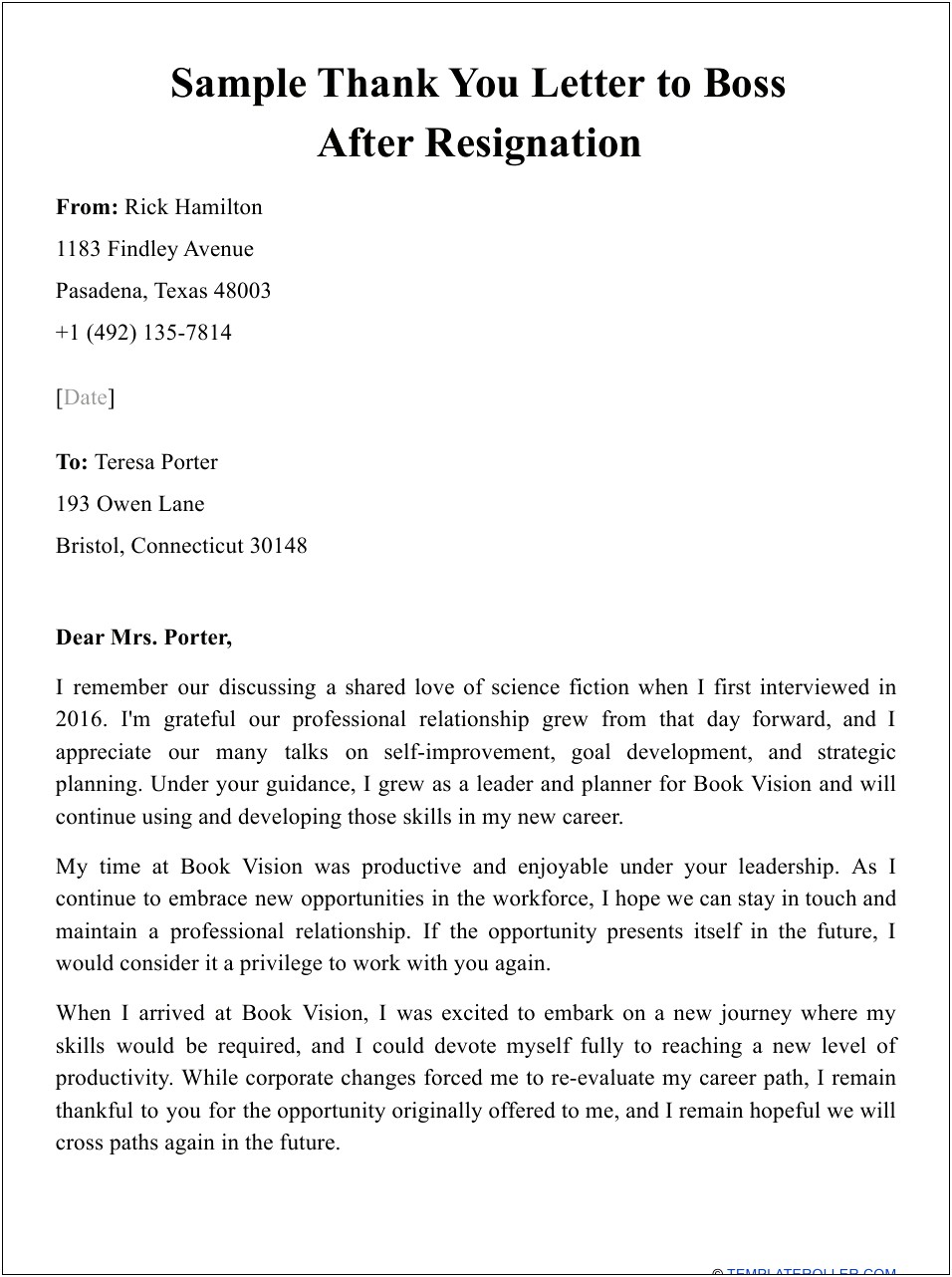 Thank You Letter For Leaving Job Template