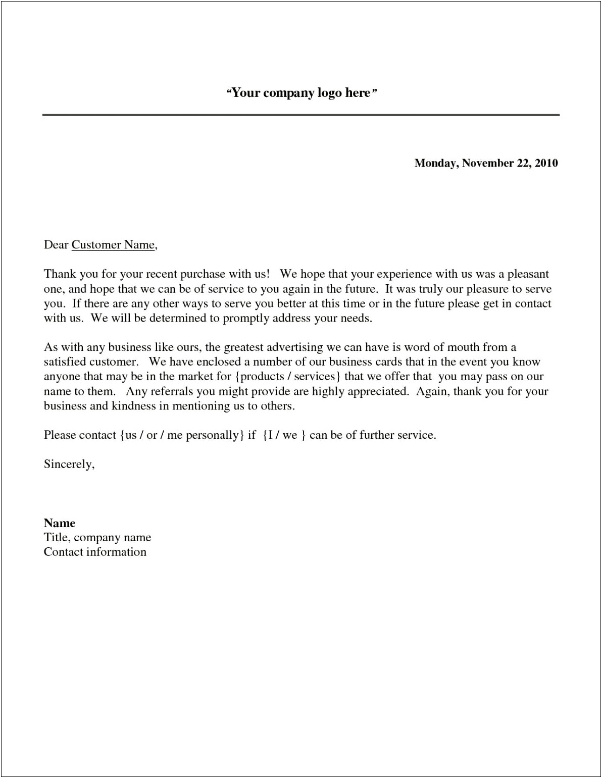 Thank You Letter For Purchase Template