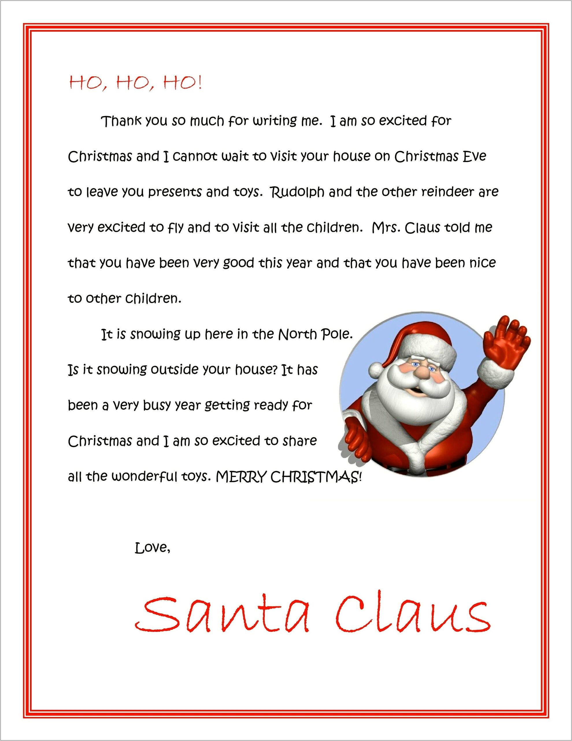 Thank You Letter From Santa Template