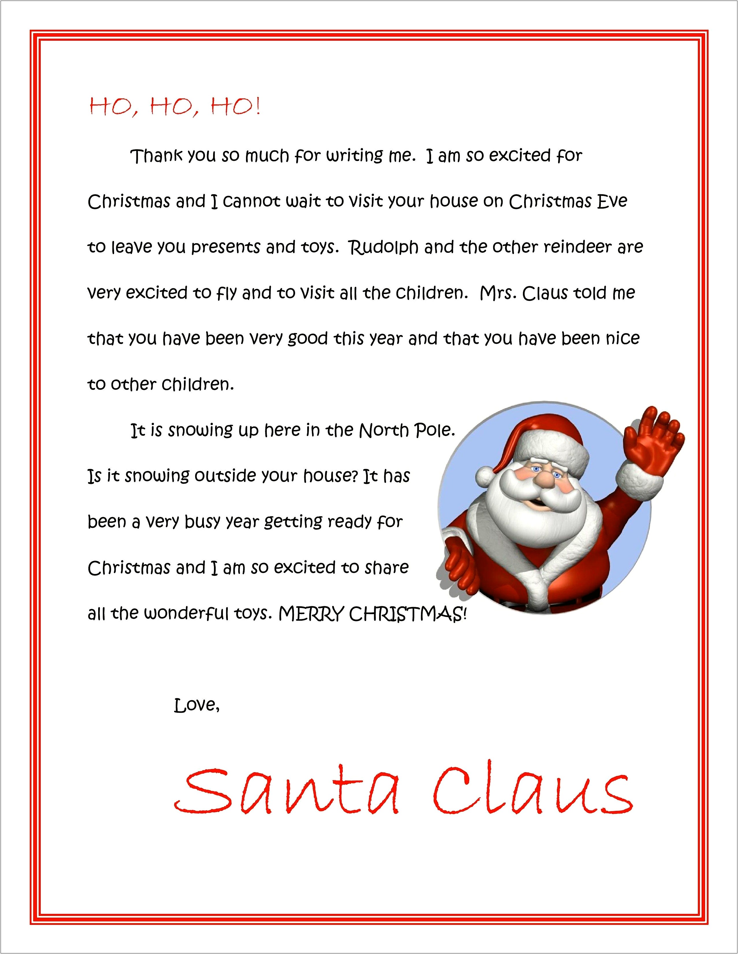 Thank You Letter From Santa Template