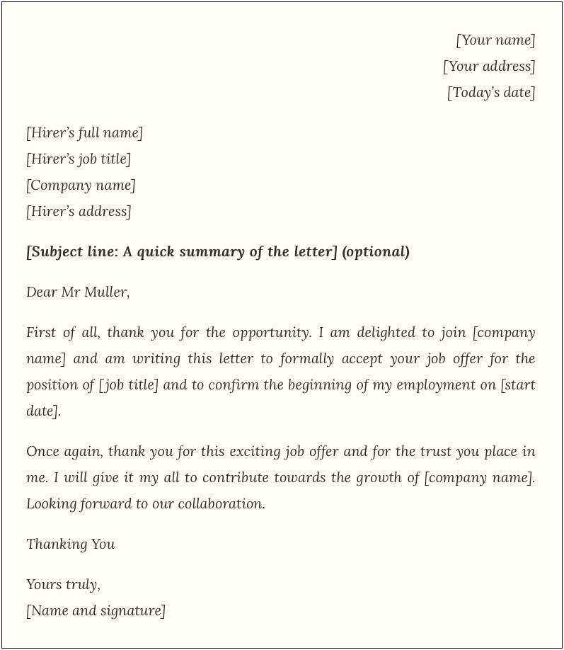 Thank You Letter Job Offer Template