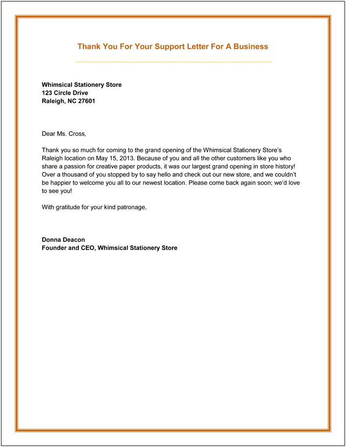 Thank You Letter Template For Business Support