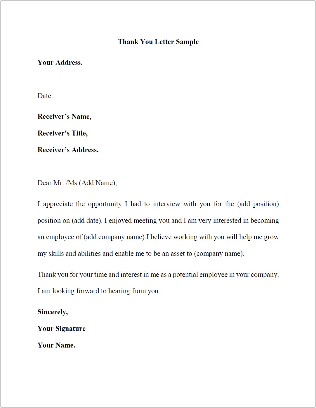 Thank You Letter Template For Job Intervew