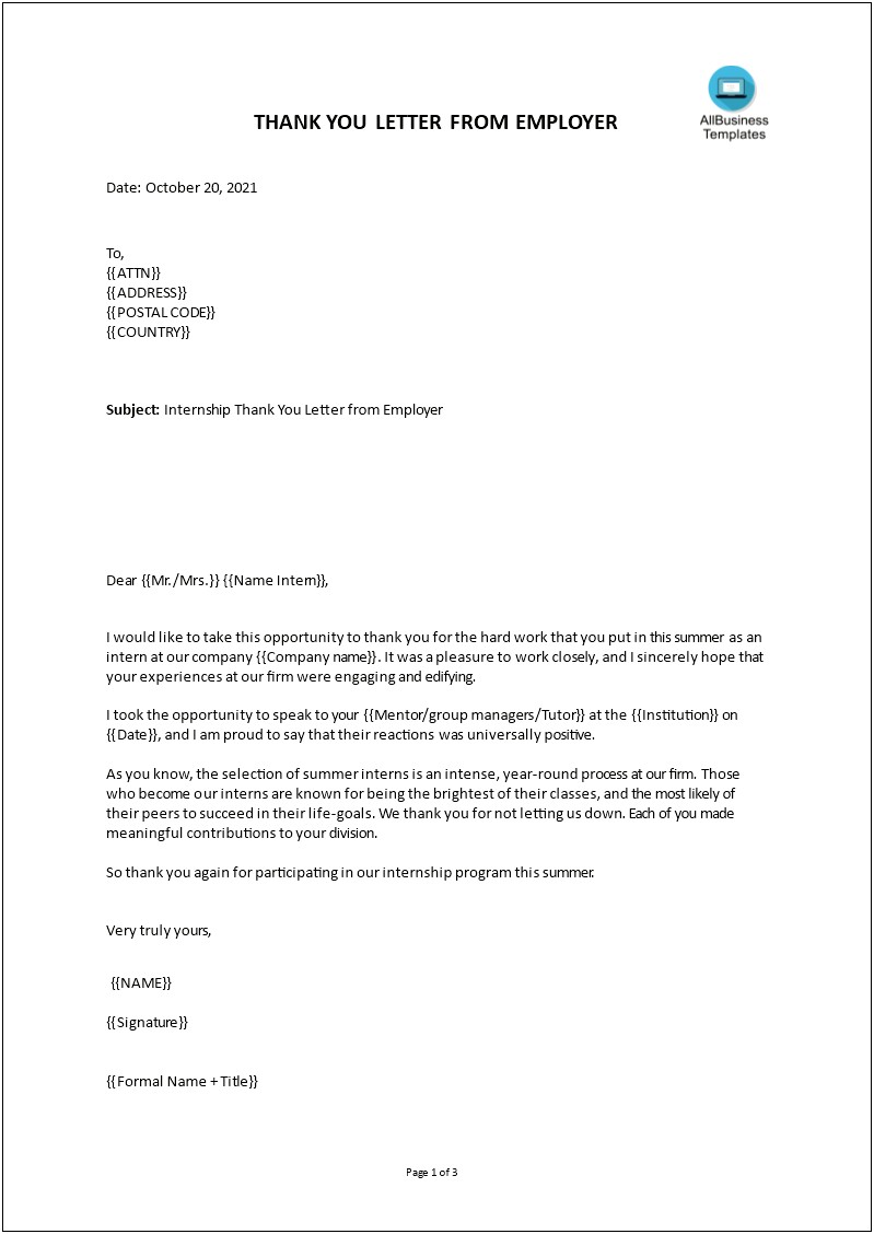 Thank You Letter To Employee Template