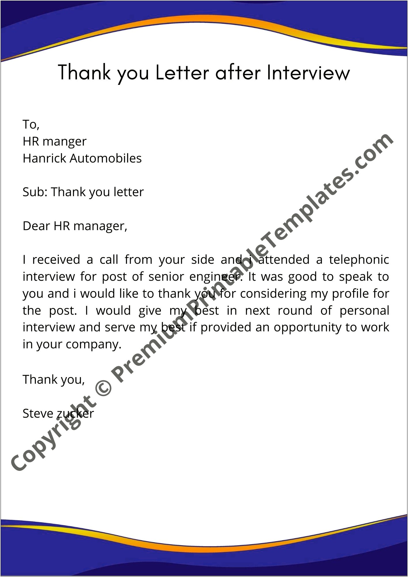 Thank You Letter To Interviewer Template