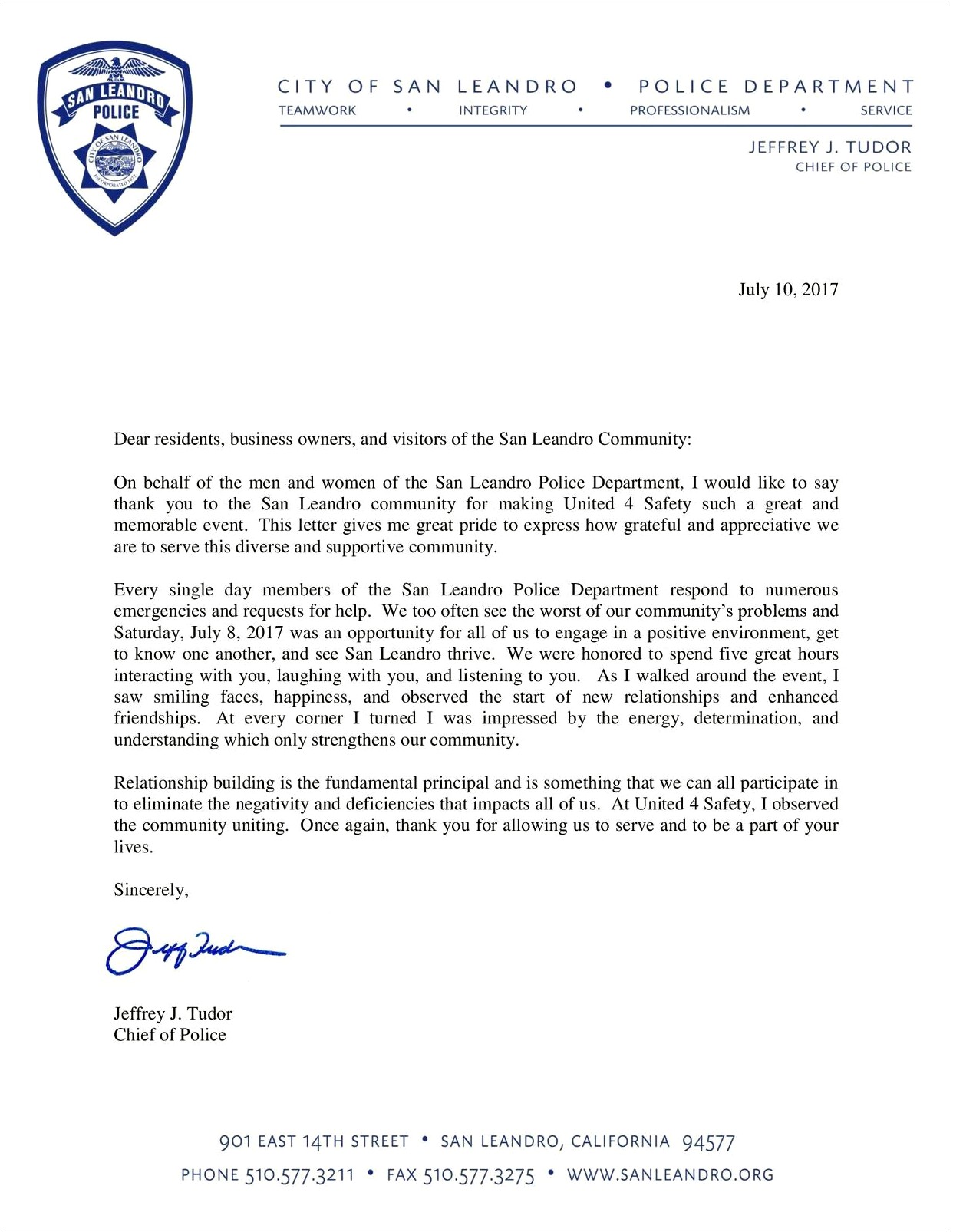 Thank You Letter To Police Officers Template