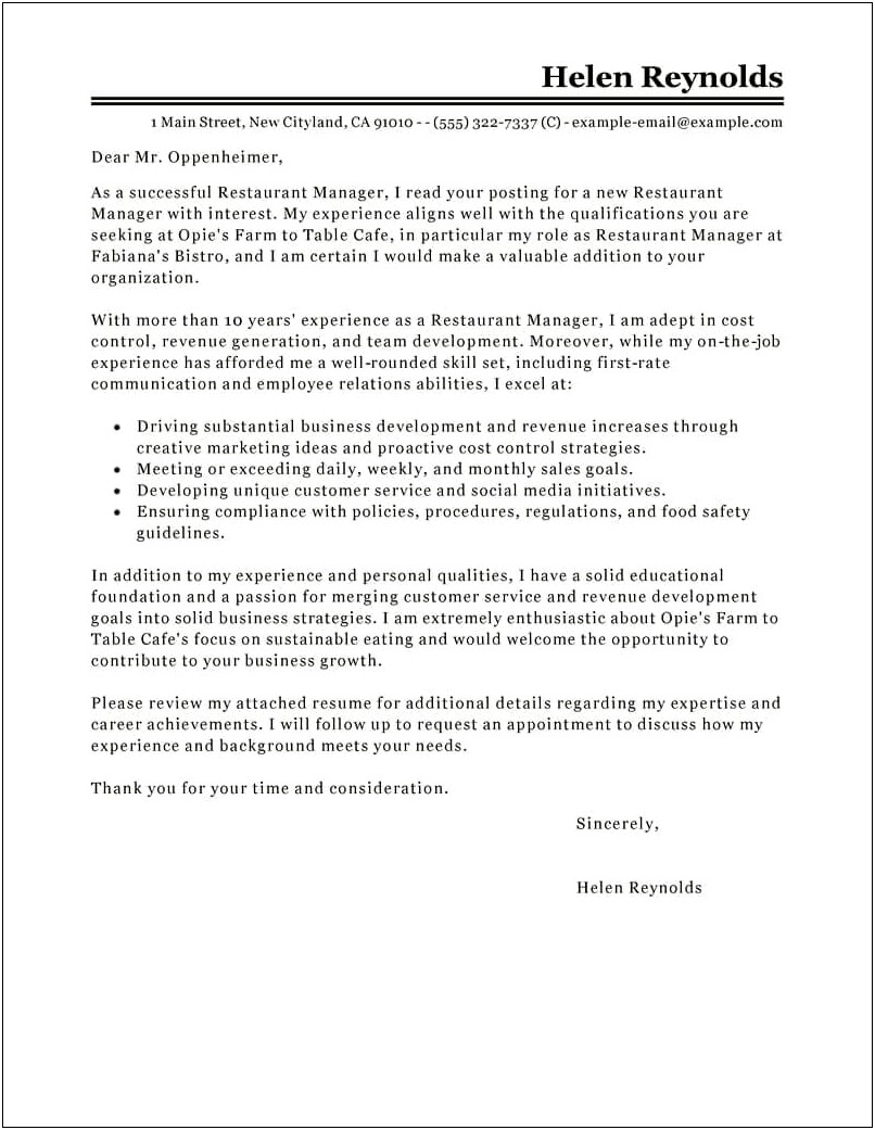 Thank You Letter To Restaurant Manager Template