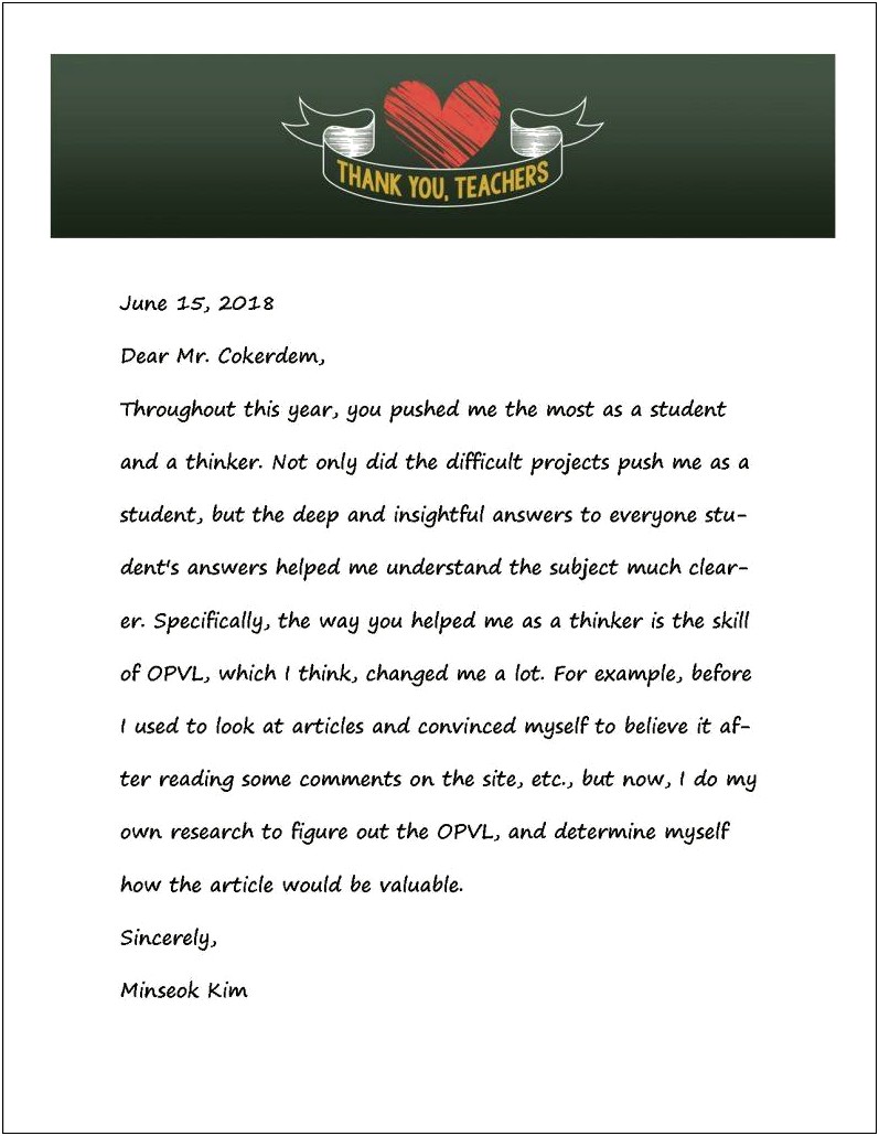 Thank You Letter To Students Teacher Template