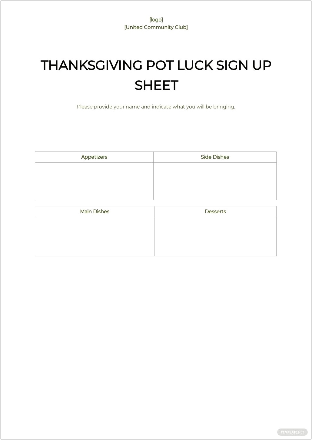Thanksgiving Sign Up Sheet Word Template