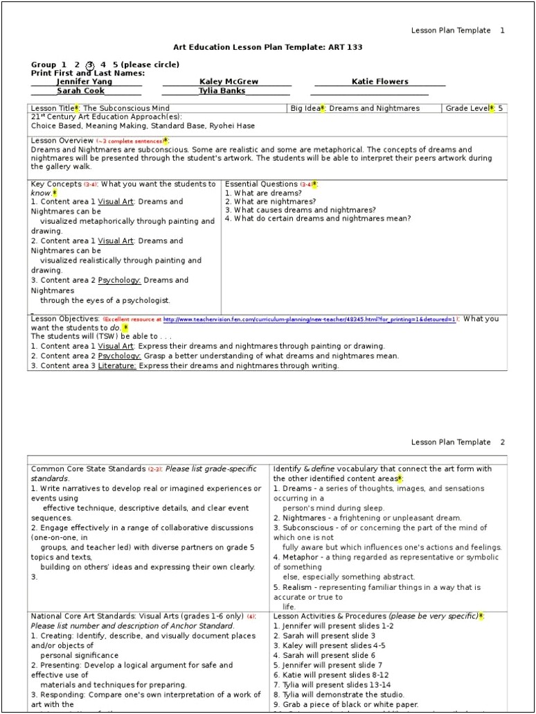 The Art Of Ed Lesson Plans Template