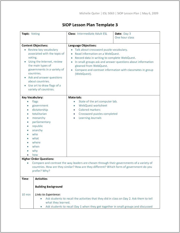 The Siop Model Lesson Plan Template