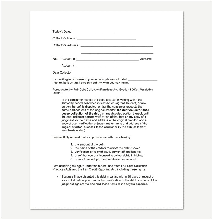 Third Party Debt Collection Letter Template Dispute