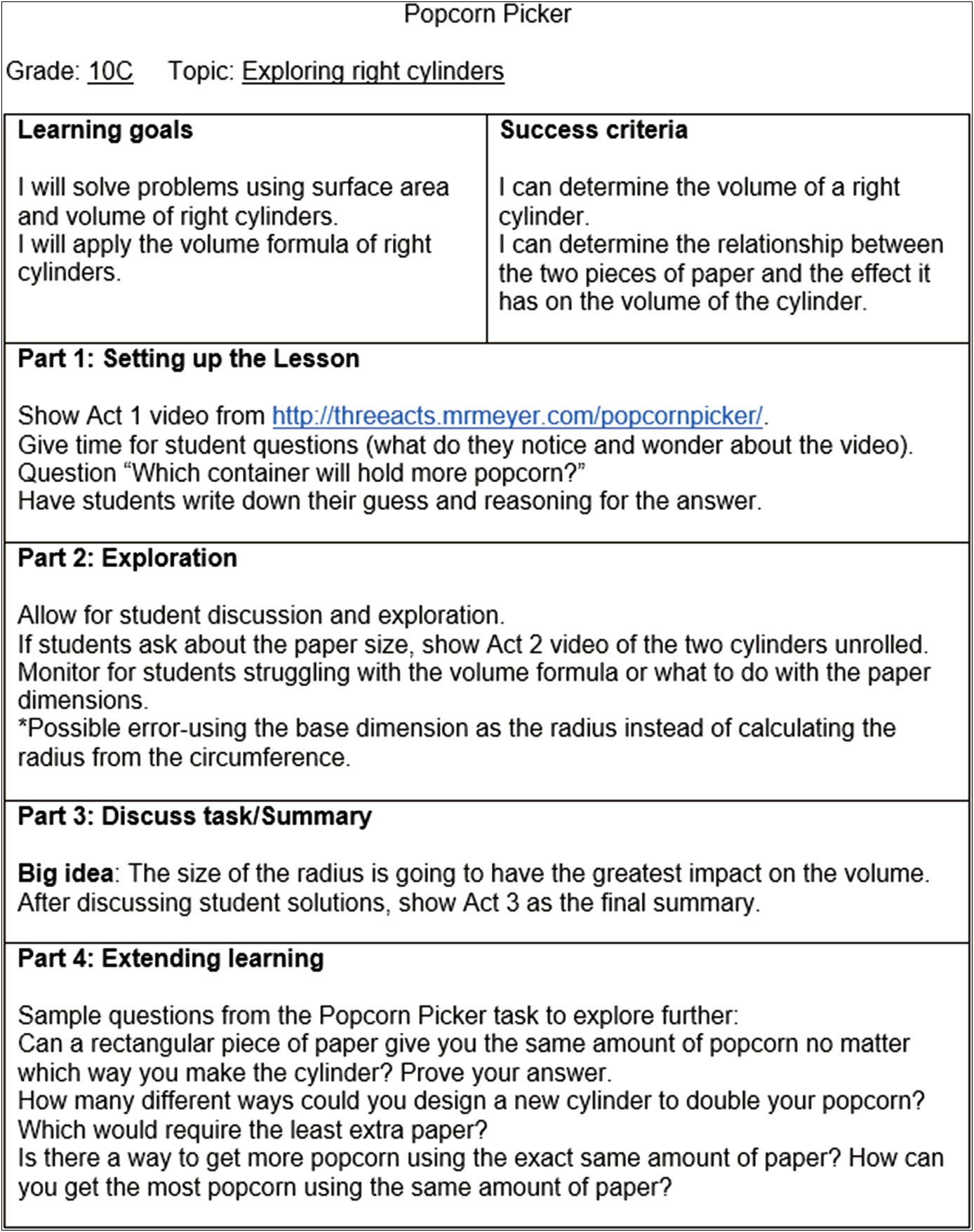 Three Part Lesson Plan Template Ontario