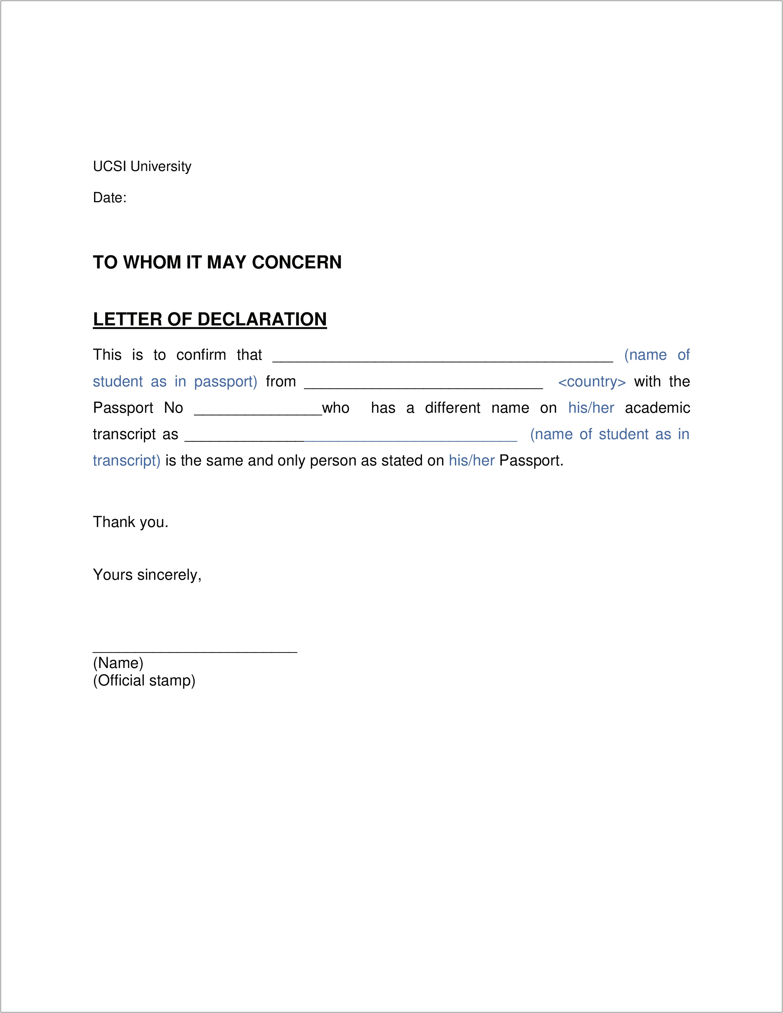 To Whom May Concern Letter Template