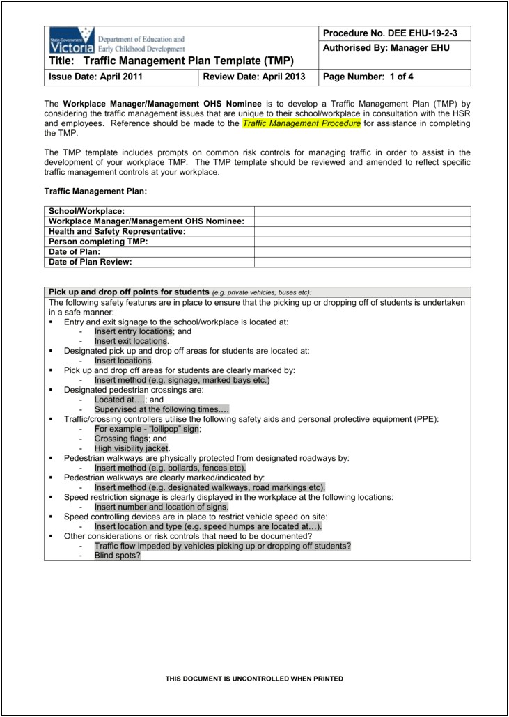 Traffic And Pedestrian Management Plan Template