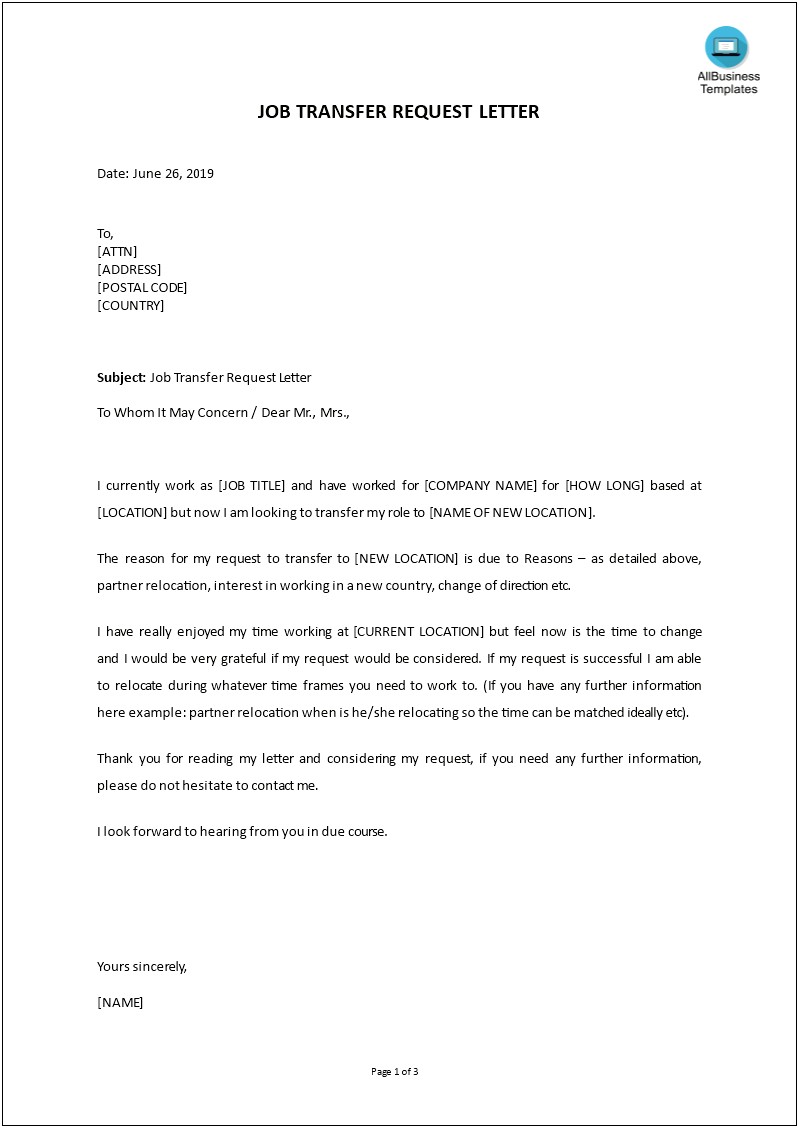 Transfer Letter To Another Branch Template