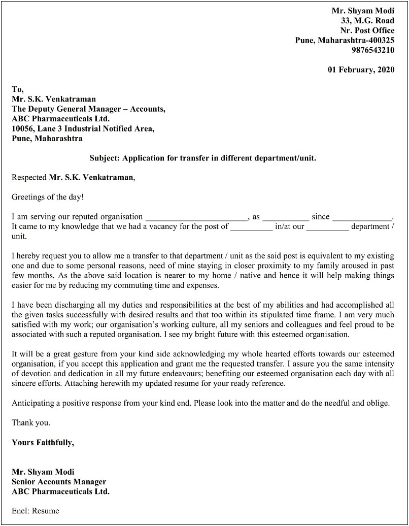 Transfer Request Letter Due To Health Problem Template